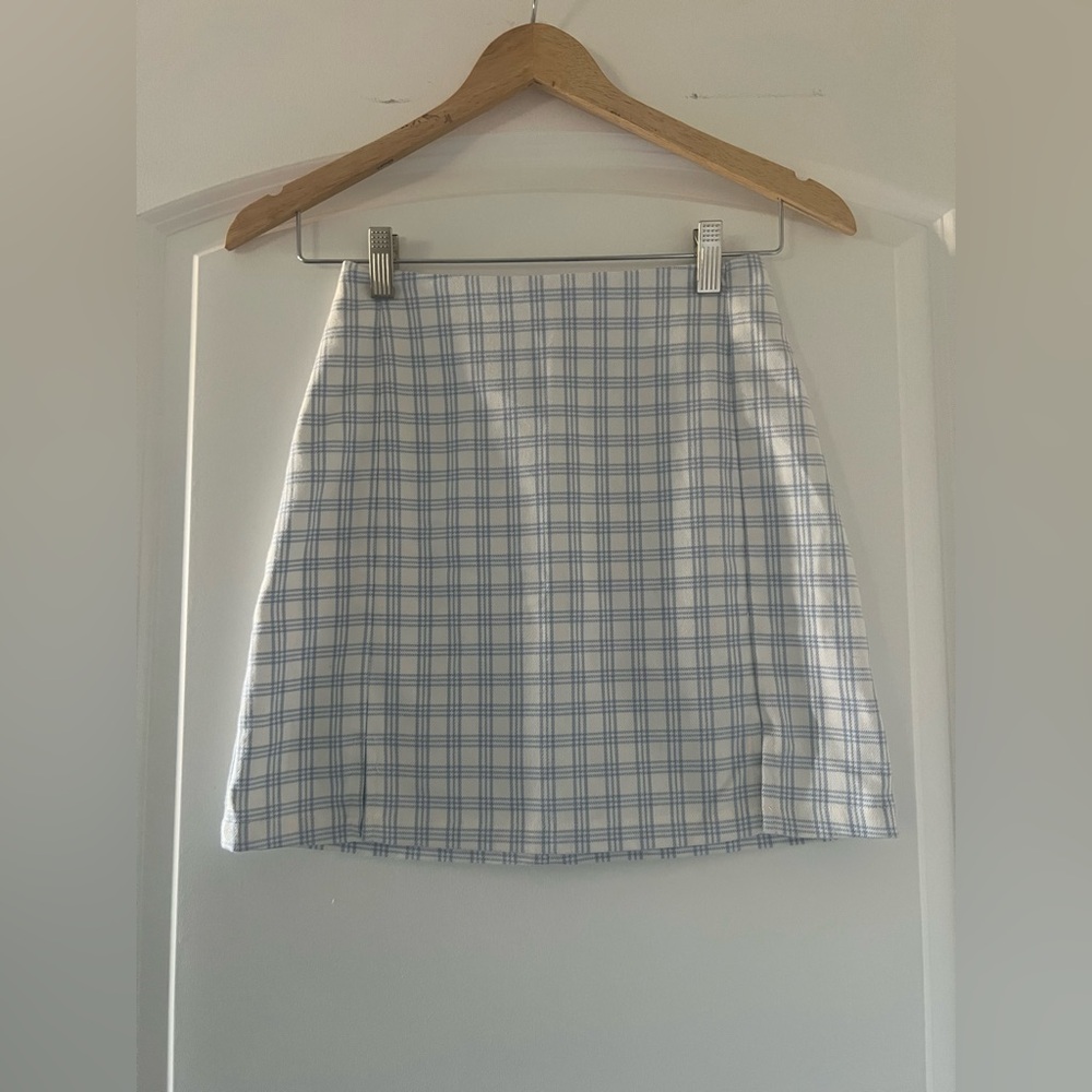 Brandy Melville White and Blue Plaid Mini Skirt